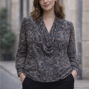 100% silk Vintage Paul Stanley Black and Gray Paisley Blouse Nordstrom